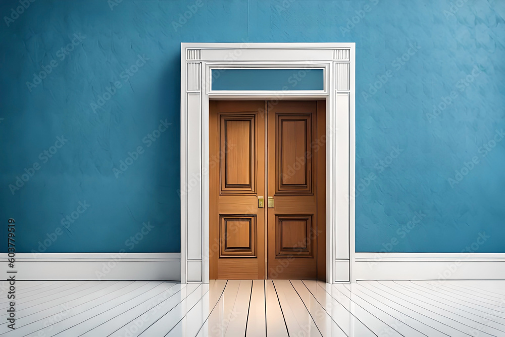 blue background with A door opening. Architectural design element. Modern minimal concept. Opportunity metaphor blue background with A door opening. Architectural design element. Modern minimal concept. Opportunity metaphor