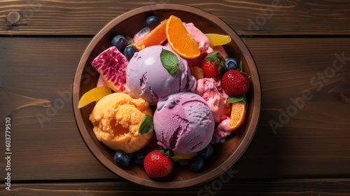 Tutti Frutti Ice Cream in a Bowl on a Rustic Table photo