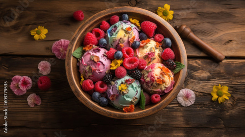 Tutti Frutti Ice Cream in a Bowl on a Rustic Table photo