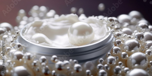 Perl Necklace Wedding background with brightening moisturizer cream in cosmetic box. Luxury wedding background. AI Generative.