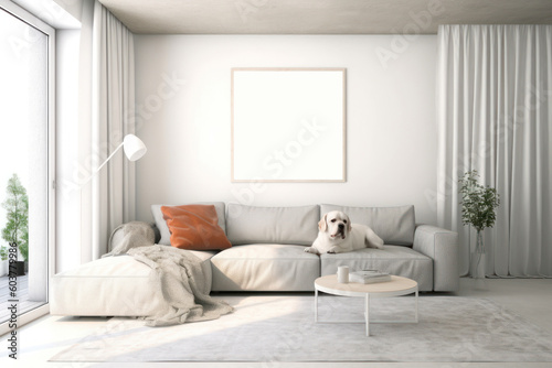 A cozy living room with a dog on the couch and a blank white picture frame on the wall, mockup (Generative AI, Generativ, KI)