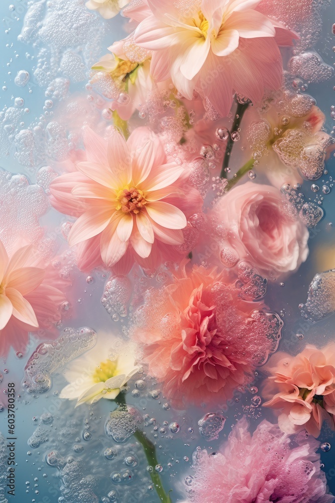 Colorful bouquet of flowers floating in a crystal clear water vase or under wet glass. Generated AI. Colorful bouquet of flowers floating in a crystal clear water vase or under wet glass. Generated AI.