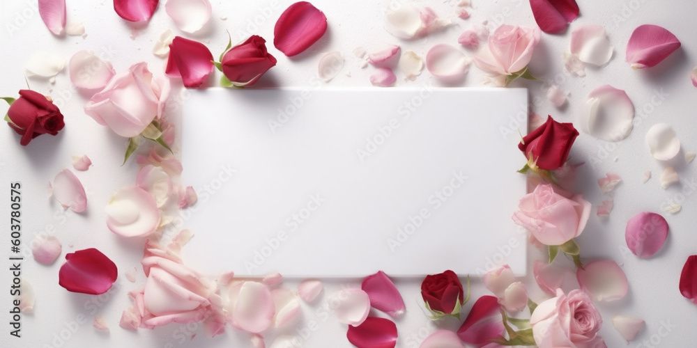 Blank white card in the center, surrounded by rose and magnolia petals, white background top view, AI Generated Blank white card in the center, surrounded by rose and magnolia petals, white background top view, AI Generated