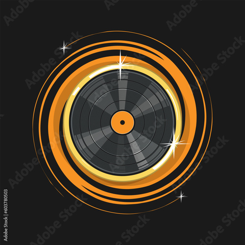 Photography Vinyl record with golden halo and sparkles on black background