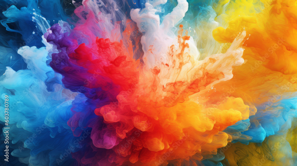 Fototapeta premium Color ink water rainbow background blend abstract cloud paint swirl burst. Colorful ink abstract: rainbow swirls in a burst of artistic energy. Pigment liquid chemical science. Generative AI
