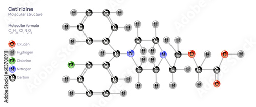 Cetirizine structure formula.  Cetirizine structural molecular formula Vector design. Pharmaceutical compounds and composition. Easily printable product with correct CPK colour code. 