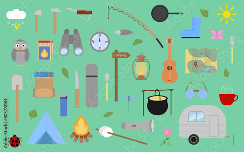 Camping set. Equipment for hiking, trekking, climbing. Flat accessories of tourism. Tools for travelling. Vector illustration photo