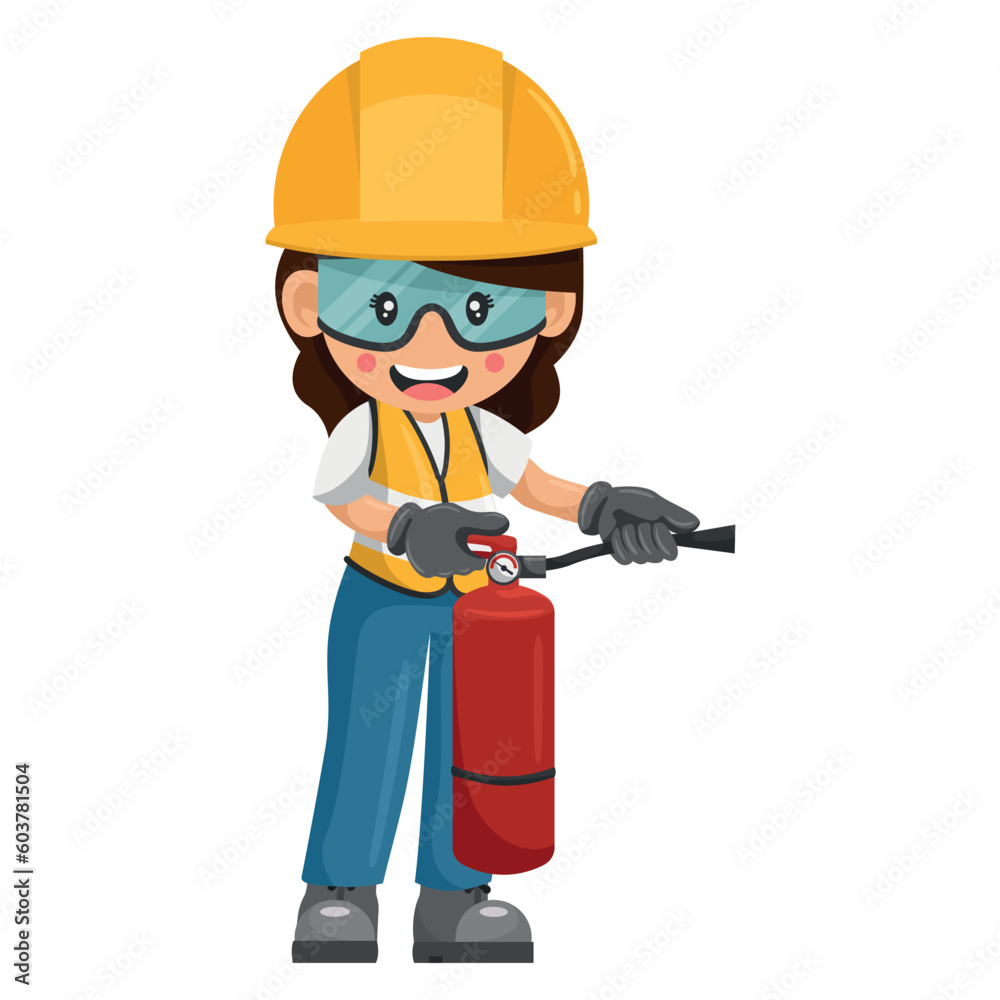 Industrial woman worker using a fire extinguisher with her personal protective equipment. Industrial safety and occupational health at work Industrial woman worker using a fire extinguisher with her personal protective equipment. Industrial safety and occupational health at work