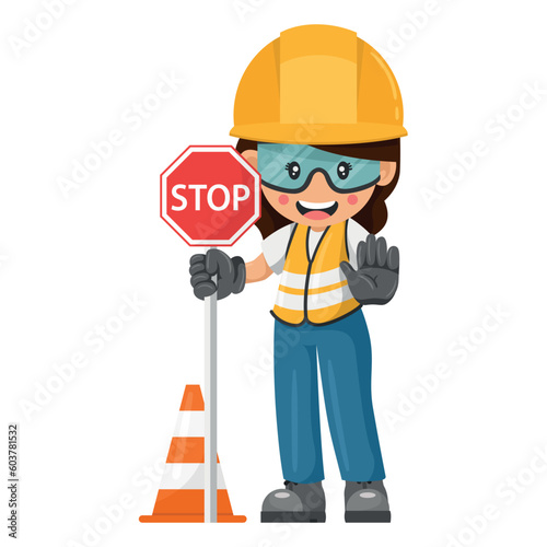 Industrial woman construction worker with a stop warning sign and safety cone. Worker with his personal protective equipment. Industrial safety and occupational health at work