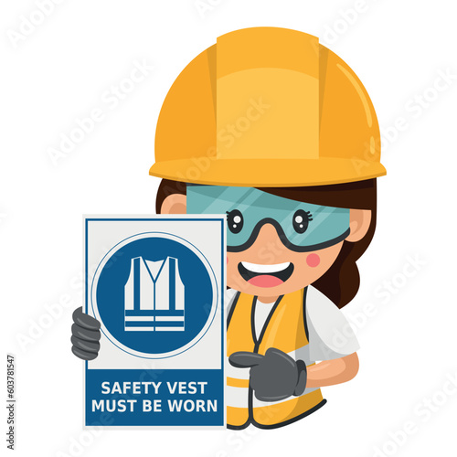 Construction woman industrial worker with warning sign of mandatory use of safety vest. Safety vest must be worn. Industrial safety and occupational health at work