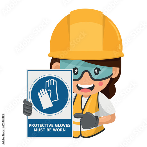 Industrial woman construction worker with mandatory use of gloves warning sign. Protective gloves must be worn. Industrial safety and occupational health at work