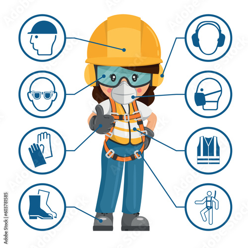 Construction woman industrial worker with personal protective equipment and icons, safety pictograms. Industrial safety and occupational health at work