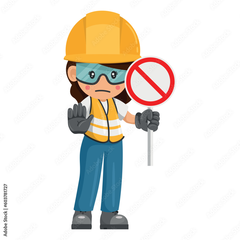Industrial woman worker with prohibited sign making a stop sign. Worker with his personal protective equipment. Industrial safety and occupational health at work Industrial woman worker with prohibited sign making a stop sign. Worker with his personal protective equipment. Industrial safety and occupational health at work