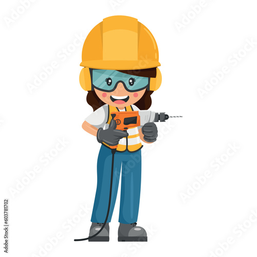 Industrial woman worker with personal protective equipment using a drill. Concept of repair, maintenance and technical support. Industrial safety and occupational health at work