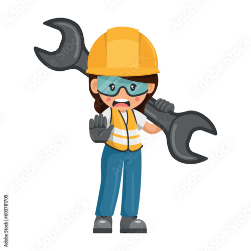 Annoyed industrial woman worker with mechanic wrench holding stop sign by hand. Concept of repair, preventive maintenance and technical support. Industrial safety and occupational health at work