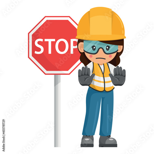 Upset industrial woman worker holding stop sign. Worker with his personal protective equipment. Industrial safety and occupational health at work
