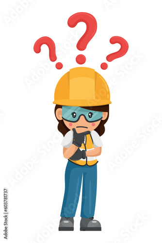 Industrial woman construction worker pensive and expressing doubt with question sign for FAQ concept. Industrial safety and occupational health at work