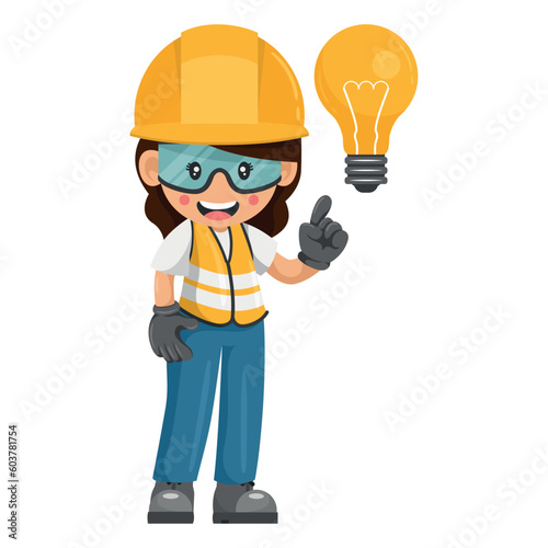 Industrial woman worker with light bulb. Creative concept for the generation of ideas. Industrial safety and occupational health at work