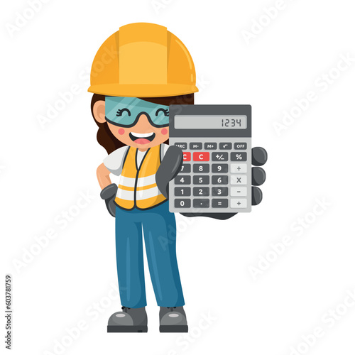 Industrial woman worker with calculator in hand for financial analysis, accounting and budget calculation of a construction site. Industrial safety and occupational health at work