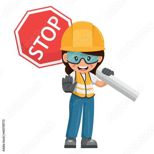 Industrial woman worker carrying stop sign. Construction worker with his personal protective equipment. Industrial safety and occupational health at work