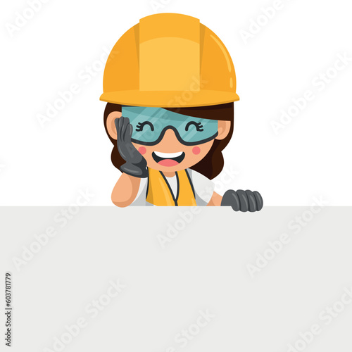 Happy industrial woman worker in his personal protective equipment holding a sign with copy space for text for advertising, presentation, brochures. Industrial safety and occupational health at work