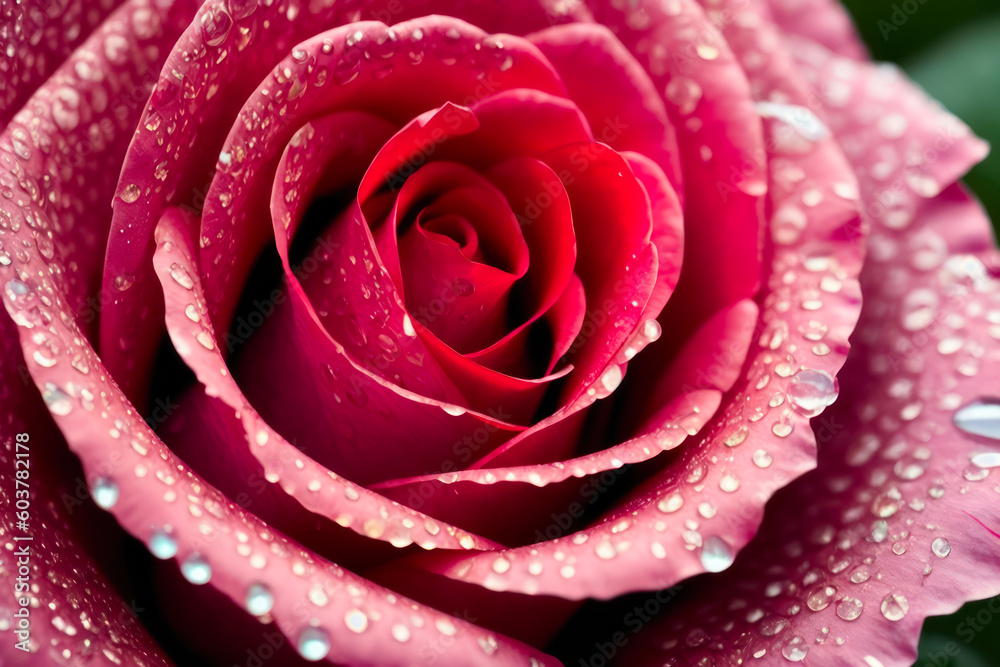 Macro photo of bright red blooming rose with water drops. Wildlife concept of ecological environment. Generative AI Macro photo of bright red blooming rose with water drops. Wildlife concept of ecological environment. Generative AI