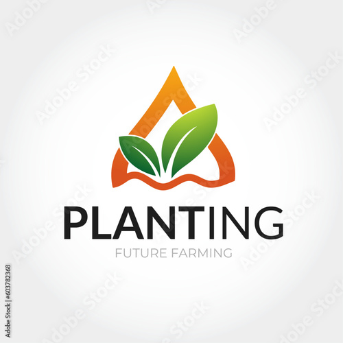 Planting And Farming modern Logo concept with water drop and Leaves, Fully editable template