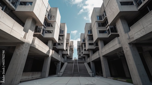 Symmetrical wide angle concrete building at day using generative AI