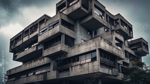 Dilapidated old Brutalist Concrete Architecture building using generative AI