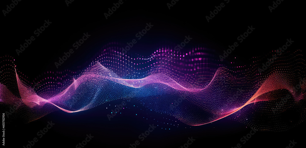 Abstract shiny wave background in purple, pink and blue lights. Digital luxury sparkling wave particles, background streams, digital data flow movement. Technological background. Generative AI Abstract shiny wave background in purple, pink and blue lights. Digital luxury sparkling wave particles, background streams, digital data flow movement. Technological background. Generative AI