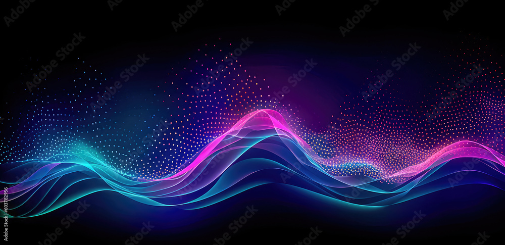 Abstract shiny wave background in purple, pink and blue lights. Digital ...