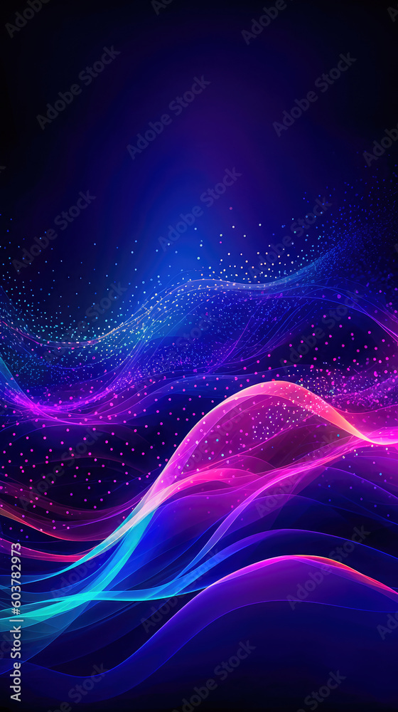 Abstract shiny wave background in purple, pink and blue lights. Digital luxury sparkling wave particles, background streams, digital data flow movement. Technological background. Generative AI - obrazy, fototapety, plakaty 