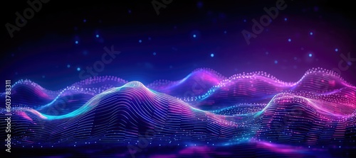 Abstract shiny wave background in purple, pink and blue lights. Digital luxury sparkling wave particles, background streams, digital data flow movement. Technological background. Generative AI