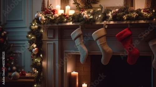 mantel adorned with holiday decorations, including stockings, garland, and festive lights photo