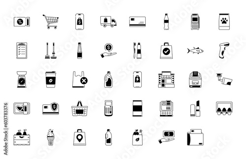 Grocery icons. Images of the departments of the grocery store, sales, geo delivery, consumer basket, dairy and meat products, bread, vegetables, fruits