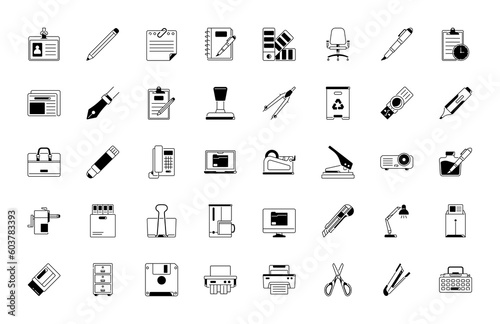 Office Material Icons. Stationery Vector Illustration. Suitable for landing pages, social media, maps, banners, icons, info graphics, books, websites, applications, etc.
