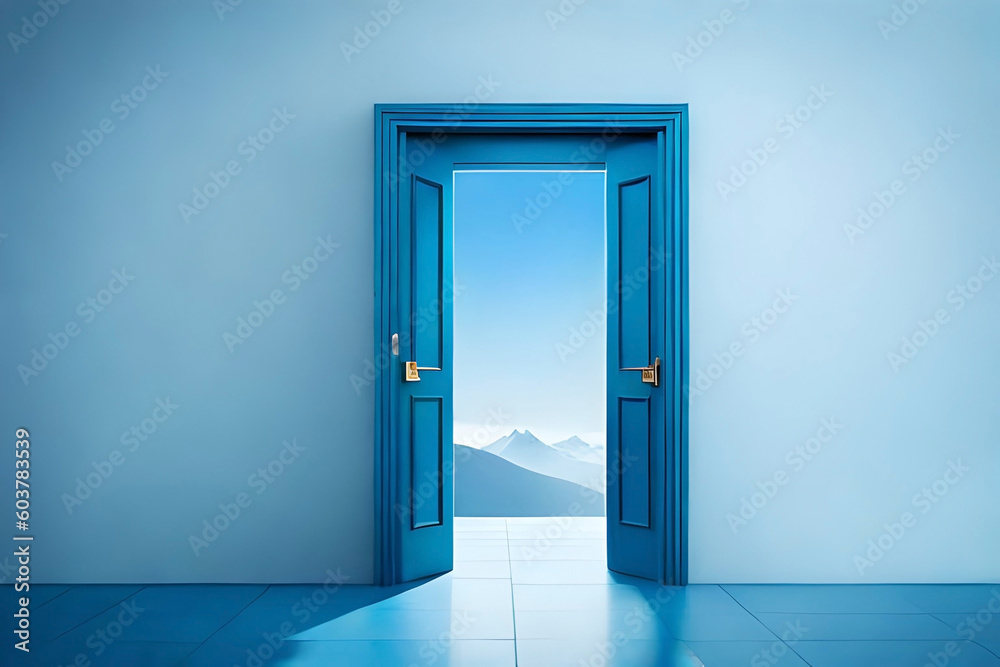blue background with A door opening. Architectural design element. Modern minimal concept. Opportunity metaphor blue background with A door opening. Architectural design element. Modern minimal concept. Opportunity metaphor