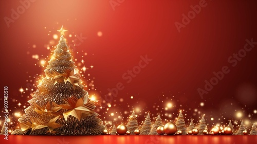 golden and silver lights with christmas tree on red background,bright decoration for merry xmas message.Elegant holiday season social post digital card.Copy type space for text or logo generative ai
