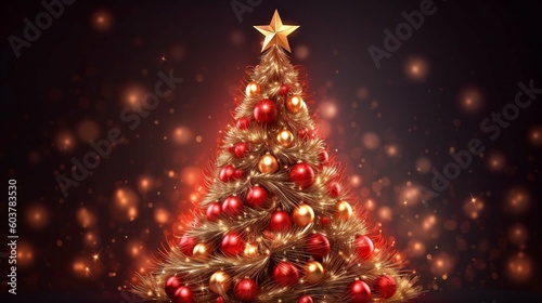 golden and silver lights with christmas tree on red background bright decoration for merry xmas message.Elegant holiday season social post digital card.Copy type space for text or logo generative ai 