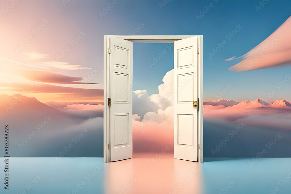 white clouds and cumulus flying out the blue open door inside the empty room. Objects isolated on peachy background. Abstract metaphor, modern minimal concept. Surreal optical illusion