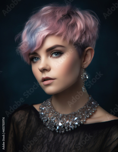 Bella donna con taglio di capelli corto colore rosa e viola
