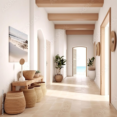 Fotografiet Coastal interior design of modern entrance hall with louvered door and stone tiled floor