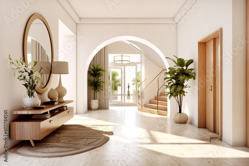 Interior design of modern entrance hall with staircase in villa. Created with generative AI photo