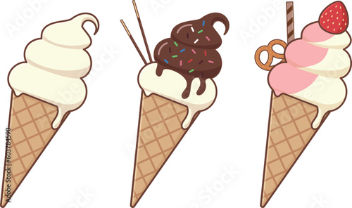 甘くて冷たいソフトクリーム三種のイラストセット