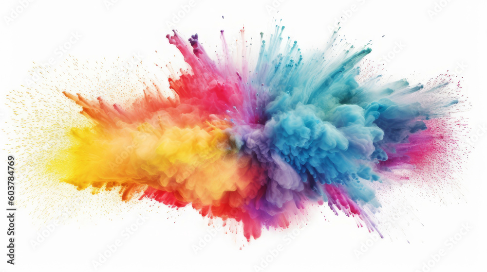 Rainbow powder dust explosion, background color. Abstract powder splash paint explode texture wallpaper concept cloud creative dust. Ink rainbow smoke design. Generative AI illustration