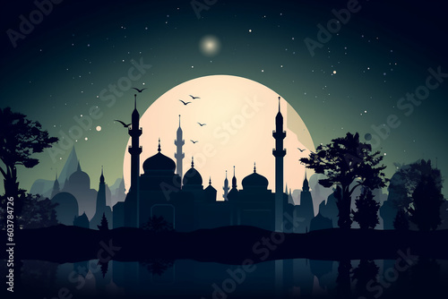 Islamic background with arabic pattern, mosque silhouette against the background of the moon. Template for inserting text, design. Generated by AI photo