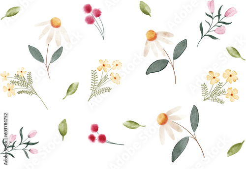 Daisy in bloom with loose watercolor pink yellow flowers with green boho leaves 