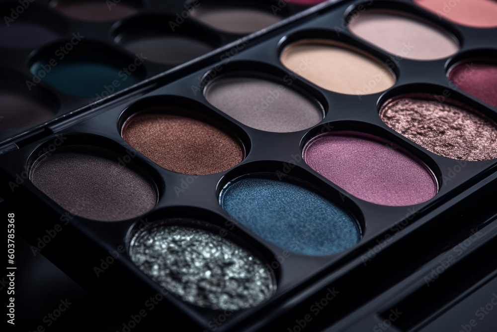 Make-up concept. Close-up shot of eyeshadow, cosmetics, make-up collection. Professional eyeshadow palette macro shot background. Generative AI Make-up concept. Close-up shot of eyeshadow, cosmetics, make-up collection. Professional eyeshadow palette macro shot background. Generative AI