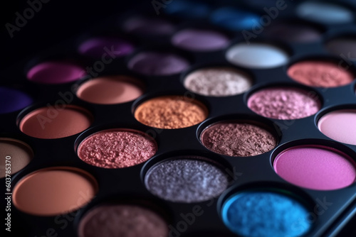 Make-up concept. Close-up shot of eyeshadow, cosmetics, make-up collection. Professional eyeshadow palette macro shot background. Generative AI
