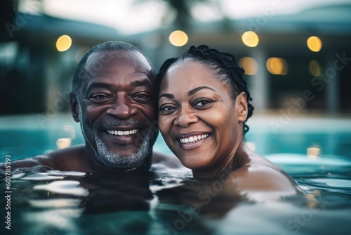 Mixed race middle age couple enjoying time in pool © dvoevnore
